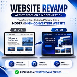 May include: A promotional image showcasing a website revamp service. The image displays two laptops, one labeled "Before" and the other "After," illustrating website redesign and modernization. Text highlights modern UI/UX design, mobile responsiveness, and SEO optimization.
