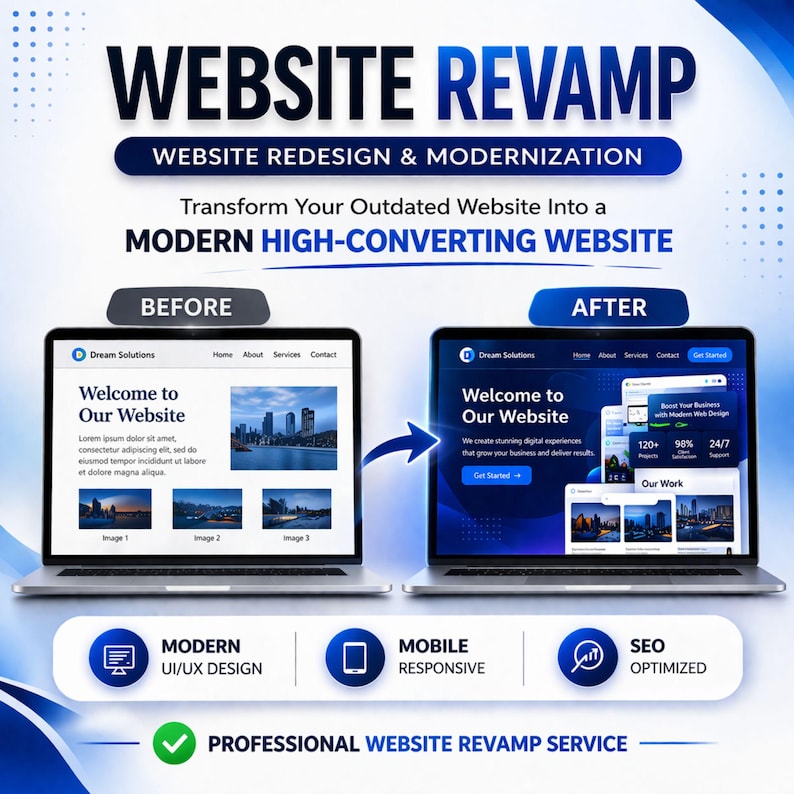 Website revamp service showing before and after redesign comparison of outdated and modern high converting website with improved UI UX, mobile responsive layout and SEO optimized structure.
website revamp, website redesign, website upgrade, ui ux design, modern website, mobile responsive, seo website, business website, website makeover, web design service, wordpress redesign, shopify redesign, website service