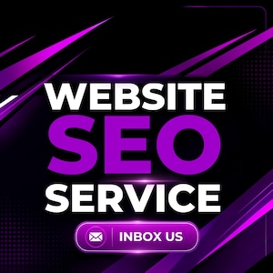 May include: A digital graphic featuring the text WEBSITE SEO SERVICE in bold white and purple lettering against a black background with purple diagonal light streaks. A purple button at the bottom contains an envelope icon and the text INBOX US.