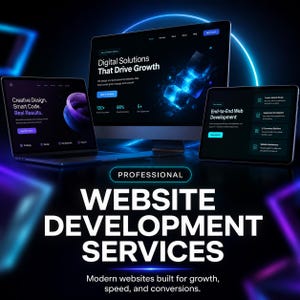 May include: A digital display featuring a laptop, a monitor, and a tablet showing website development services. The screens display text including Digital Solutions That Drive Growth, Creative Design, Smart Code, and Professional Website Development Services.