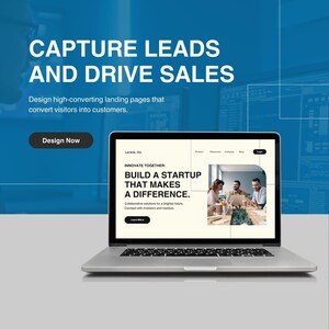 May include: A silver laptop shows a website with the text "CAPTURE LEADS AND DRIVE SALES." The website promotes building a startup that makes a difference. The screen shows a team collaborating. The background is blue.