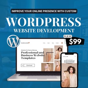 May include: A laptop and smartphone display a website mockup with the text "WORDPRESS WEBSITE DEVELOPMENT." The image includes the WordPress logo and the text "Professional and Business Website Templates."