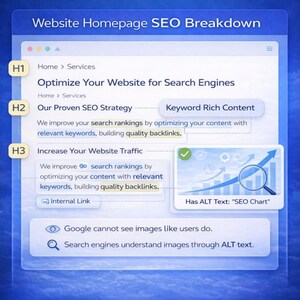 Website homepage SEO breakdown showing on page SEO structure with H1, H2, H3 headings, keyword-rich content, internal linking, image ALT text, and site optimization, demonstrating professional SEO service, technical SEO, SEO consultation, and effective SEO strategy for higher Google ranking.