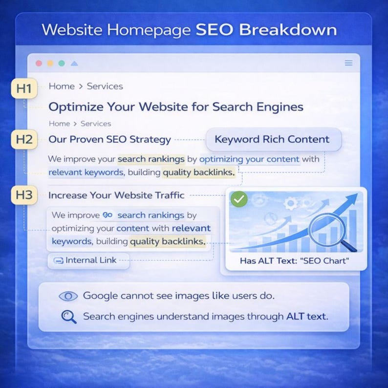 Website homepage SEO breakdown showing on page SEO structure with H1, H2, H3 headings, keyword-rich content, internal linking, image ALT text, and site optimization, demonstrating professional SEO service, technical SEO, SEO consultation, and effective SEO strategy for higher Google ranking.