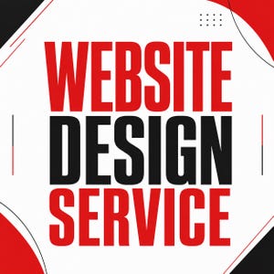 Op de afbeelding: Een vierkant grafisch ontwerp met de dikgedrukte rode tekst WEBSITE en SERVICE met de zwarte tekst DESIGN ertussen gecentreerd. De achtergrond is wit met rode en zwarte gebogen accenten in de hoeken en een klein raster van stippen rechtsboven.