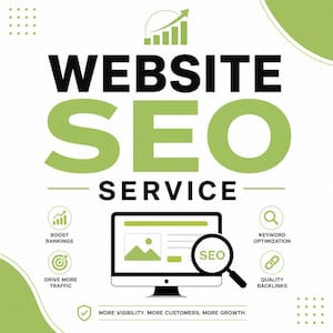 Peut inclure: Visuel publicitaire pour les services de référencement de sites web. Le texte "WEBSITE SEO SERVICE" est en noir et vert. Des icônes illustrent l'amélioration du classement, l'augmentation du trafic, l'optimisation des mots-clés et les backlinks de qualité. Un écran d'ordinateur affiche une page web avec une loupe "SEO".