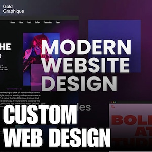 Può includere: Immagine di graphic design con il testo "MODERN WEBSITE DESIGN" e "CUSTOM WEB DESIGN" in bianco. Lo sfondo presenta mockup di siti web e una sfumatura viola e blu.