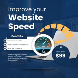 Può includere: Immagine promozionale per migliorare la velocità del sito web. Il testo "Migliora la velocità del tuo sito web" è in evidenza, con i vantaggi elencati. Un tachimetro e un laptop sono raffigurati.