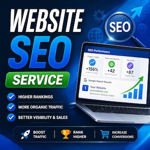 Könnte beinhalten: Grafik für digitales Marketing, die Website-SEO-Dienste bewirbt. Das Bild zeigt einen Laptop, der SEO-Leistungsmetriken anzeigt, einschließlich erhöhten organischen Traffics und Backlinks. Der Text enthält "Website SEO Service" und Vorteile wie "Höhere Rankings".