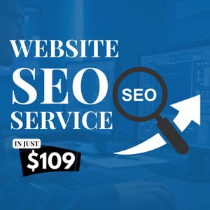 Może przedstawiać: Niebieska grafika promująca usługi SEO dla stron internetowych. Tekst brzmi "WEBSITE SEO SERVICE" dużymi białymi literami. Obok białej strzałki skierowanej w górę znajduje się lupa z napisem "SEO".