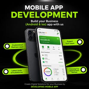 Op de afbeelding: Een smartphone met een financiële app-interface met een groene saldokaart, transactiegeschiedenis en een overzichtsgrafiek van uitgaven. De tekst luidt MOBILE APP DEVELOPMENT, Build your Business (Android & ios) app with us en meer.