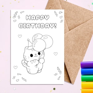 Cartão de Feliz Aniversário para Colorir, Cartão de Aniversário para Imprimir, Cartão de Colorir Infantil, Cartão de Aniversário de Gato