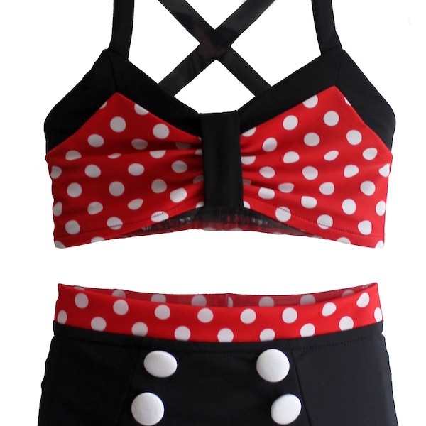 JoJo Bikini in Minnie (Size 12/18 months, 2T, 3T, 5, 6, 8) ***SALE! Girls High Waisted Swimsuit Retro Vintage Toddler 2 piece Bikini Disney