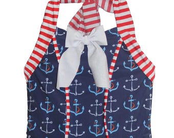Cute summer bloomer Nautical Diaper Cover for baby girl in Pastel Aqua color with white anchors Fabric Bow ships Free! Size 3-6M