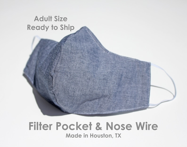 Facemask: 3 layer cotton mask with filter pocket and nose wire - washable reusable chambray denim elastic Adult Size Ready to Ship 