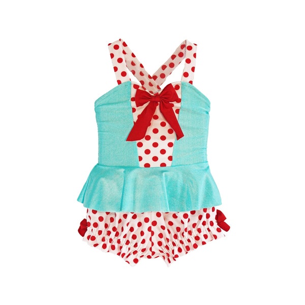 Sale! Peplum Tankini & Bloomers in Red Polkadot and Aqua  (Size 12-18 months and Size 4 Only) ***Markdown