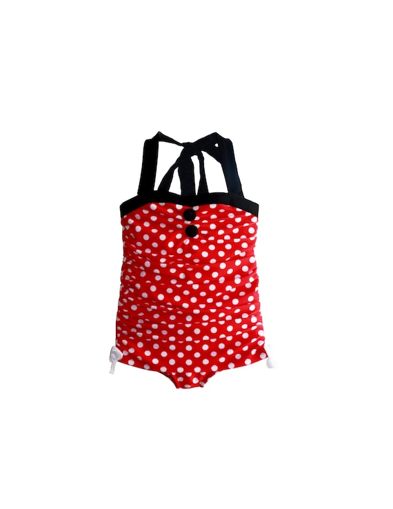 Retro Ruched Swimsuit in Minnie (Size 12/18 months - 12) ***SALE! Girls Swimsuit Toddler Tween One Piece Vintage Disney Minnie Mouse Mickey