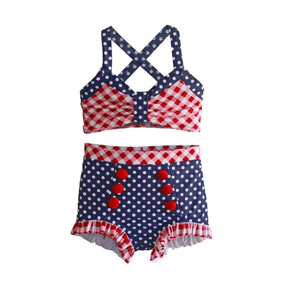 JoJo Bikini in American Summer (Size 12/18 months - 12) **SALE! Girls High Waisted Retro Bikini Toddler Tween 2 piece Retro Vintage Gingham