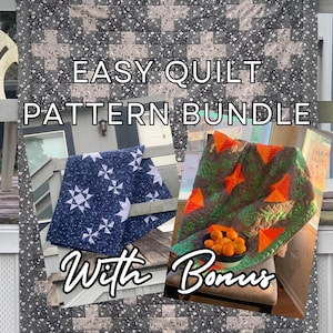 Könnte beinhalten: Ein Quilt-Muster-Paket mit einem großen grau-weißen Blumen-Quilt als Hintergrund. Zwei kleinere Quilt-Bilder sind überlagert: eines mit einem blau-weißen Sternenmuster und ein weiteres mit grünen und orangefarbenen geometrischen Formen, das eine Schale mit Orangen enthält.
