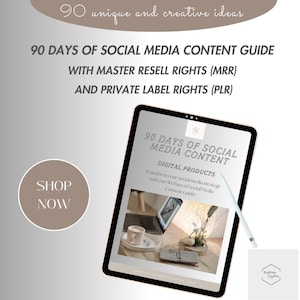 Könnte beinhalten: Ein digitaler Produktführer für Social-Media-Inhalte mit dem Titel "90 Tage Social-Media-Content". Der Leitfaden wird auf einem Tablet-Computer mit weißem Hintergrund und einer braunen Holzoberfläche angezeigt. Der Leitfaden enthält den Text "Digitale Produkte" und "Transformieren Sie Ihre Social-Media-Strategie mit unserem 90-Tage-Social-Media-Content-Guide!"