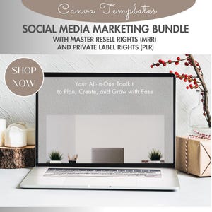 Könnte beinhalten: Ein Laptop mit weißem Hintergrund auf dem Bildschirm. Der Bildschirm zeigt den Text "Your All-in-One Toolkit to Plan, Create, and Grow with Ease". Der Laptop steht auf einer weißen Oberfläche mit einer kleinen Topfpflanze und einer Geschenkbox.