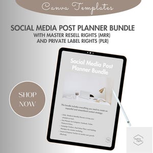 May include: A digital tablet displaying a white and gray mockup of a social media post planner bundle. The text on the tablet reads "Social Media Post Planner Bundle". The text "SHOP NOW" is in a brown circle on the left side of the image.