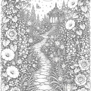 May include: A black and white line art illustration of a garden path leading to a gazebo under a full moon. The scene features detailed roses, morning glories, ferns, and foxgloves. Three lanterns line the stone path, and butterflies fly above.