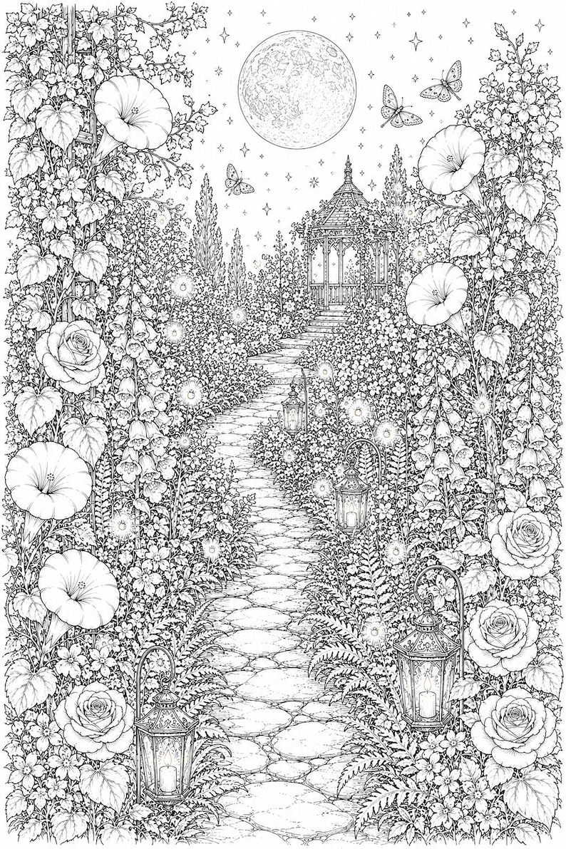 May include: A black and white line art illustration of a garden path leading to a gazebo under a full moon. The scene features detailed roses, morning glories, ferns, and foxgloves. Three lanterns line the stone path, and butterflies fly above.