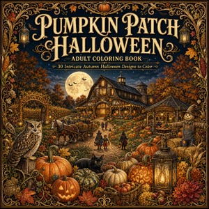 May include: A Pumpkin Patch Halloween adult coloring book cover featuring a detailed autumn scene with a barn, pumpkins, a horse-drawn wagon, an owl, a black cat, and a scarecrow. The text reads Pumpkin Patch Halloween Adult Coloring Book.