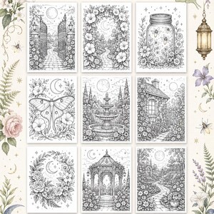 May include: A digital coloring book titled Inside the Book: A Magical Moonlit Botanical Coloring Journey, featuring 30 black and white line art pages with botanical, moon, and garden scenes, including a stone gate, fountain, and gazebo.