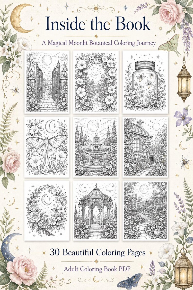 May include: A digital coloring book titled Inside the Book: A Magical Moonlit Botanical Coloring Journey, featuring 30 black and white line art pages with botanical, moon, and garden scenes, including a stone gate, fountain, and gazebo.