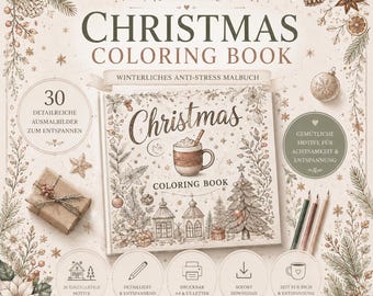 Op de afbeelding: Een kerstkleurboek met de titel "Christmas Coloring Book" en de tekst "Winterliches Anti-Stress Malbuch". De omslag toont een mok warme chocolademelk, een kerstboom en andere feestelijke elementen. Het boek is omgeven door bloemmotieven.