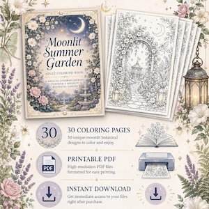 May include: A digital coloring book titled Moonlit Summer Garden featuring 30 botanical pages. The set includes printable PDF files for instant download, intended for personal use. The design displays floral illustrations, lanterns, and moths.