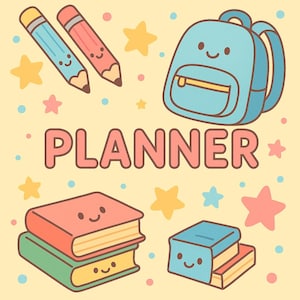 Könnte beinhalten: Cartoon-Illustration mit Schulmaterialien. Enthält einen blauen Rucksack, Bleistifte, Bücher und Sterne. Das Wort "PLANNER" ist rosa geschrieben. Der Hintergrund ist hellgelb.