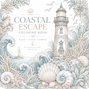 May include: A coloring book cover with a coastal theme. The title "Coastal Escape" is displayed above an illustration of a lighthouse, waves, seashells, and a sailboat. The words "Relax, Color, Unwind" are also included.