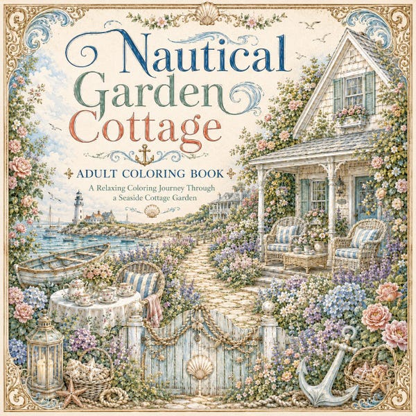 Nautical Garden Cottage Coloring Book PDF, Adult Coastal Coloring Pages, Printable Digital Download