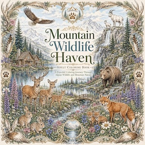May include: A rectangular adult colouring book titled Mountain Wildlife Haven featuring a detailed illustration of a mountain landscape with a cabin, lake, waterfall, and various animals including deer, a bear, a fox, rabbits, and an eagle.