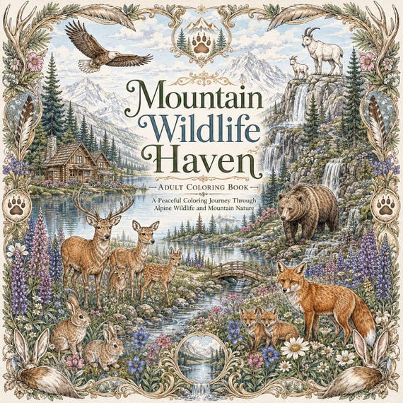 Bergtiere Malbuch für Erwachsene PDF, Hirsche Füchse Bären Adler und alpine Wildtiere Ausmalbilder