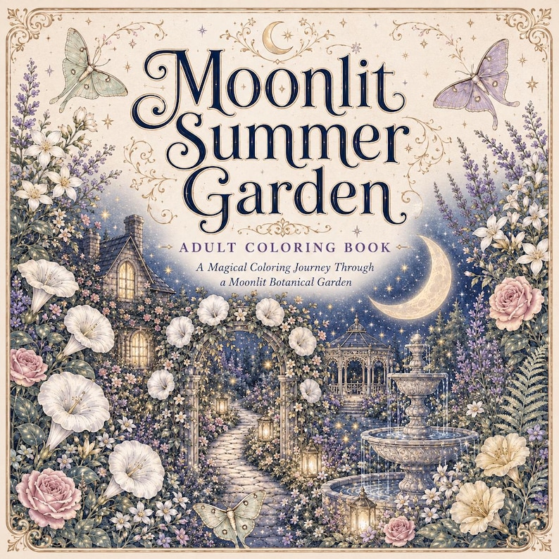 May include: A square adult coloring book titled Moonlit Summer Garden. The cover features a detailed illustration of a night garden with a stone path, a fountain, a gazebo, a cottage, white flowers, roses, moths, and a crescent moon.