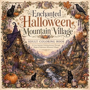 May include: An adult coloring book titled Enchanted Halloween Mountain Village, featuring a detailed illustration of a cozy autumn mountain town with pumpkins, black cats, lanterns, a stone bridge, and a waterfall under a crescent moon.