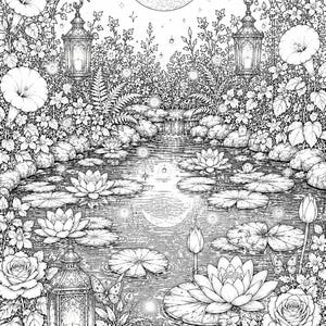 May include: A black and white line art illustration of a moonlit pond scene featuring blooming water lilies, lily pads, and roses. Two hanging lanterns and one ground lantern illuminate the garden, with butterflies and a full moon above.