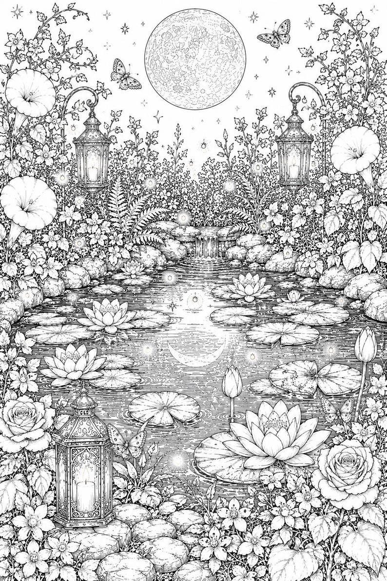 May include: A black and white line art illustration of a moonlit pond scene featuring blooming water lilies, lily pads, and roses. Two hanging lanterns and one ground lantern illuminate the garden, with butterflies and a full moon above.