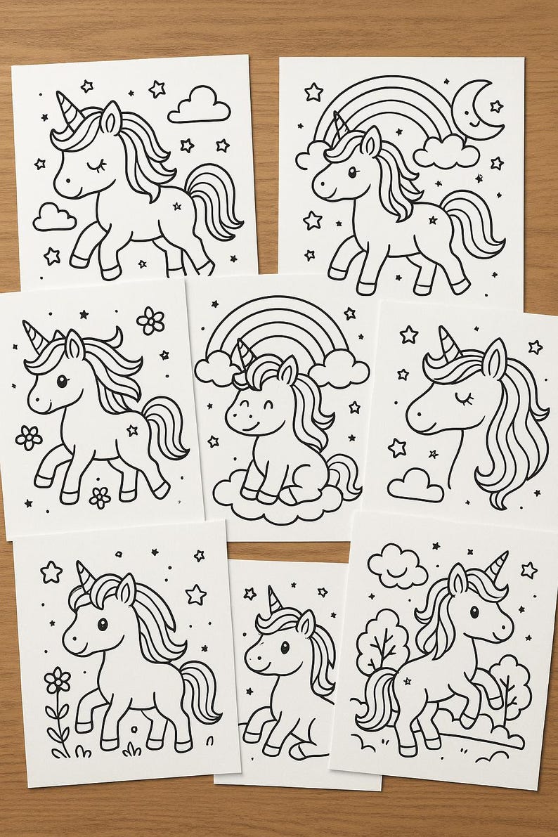 Op de afbeelding: Een verzameling van acht witte kaarten met zwarte lijntekeningen van eenhoorns. Elke kaart toont een andere eenhoornsc&egrave;ne, inclusief regenbogen, sterren, wolken en bloemen. De illustraties zijn eenvoudig en geschikt om in te kleuren.