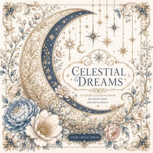 May include: A coloring book titled "Celestial Dreams" with a crescent moon and stars design. The cover features floral elements in blue, white, and gold, with the text "A Luxury Coloring Book for Gentle Souls and Starry Hearts".
