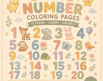 Op de afbeelding: Een kleurrijke educatieve kleurplaat voor kinderen met de nummers 1-20 en schattige illustraties van dieren en objecten. De tekst luidt "Fun & Educational", "Number Coloring Pages" en "For Kids Ages 3+". Bevat 20 pagina's, grote cijfers en is gemakkelijk in te kleuren.