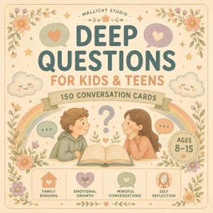 Könnte beinhalten: Quadratische Karte mit dem Text „DEEP QUESTIONS FOR KIDS & TEENS“ und „150 CONVERSATION CARDS“. Die Illustration zeigt zwei Kinder, einen Regenbogen und Symbole für Familienbindung, emotionales Wachstum, achtsame Gespräche und Selbstreflexion. Alter 8-15.