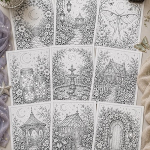 May include: A collection of nine black and white printable coloring pages featuring intricate line art illustrations of garden scenes, including a gazebo, a greenhouse, a fountain, a cottage, mason jars, and a large moth, all under a crescent moon.