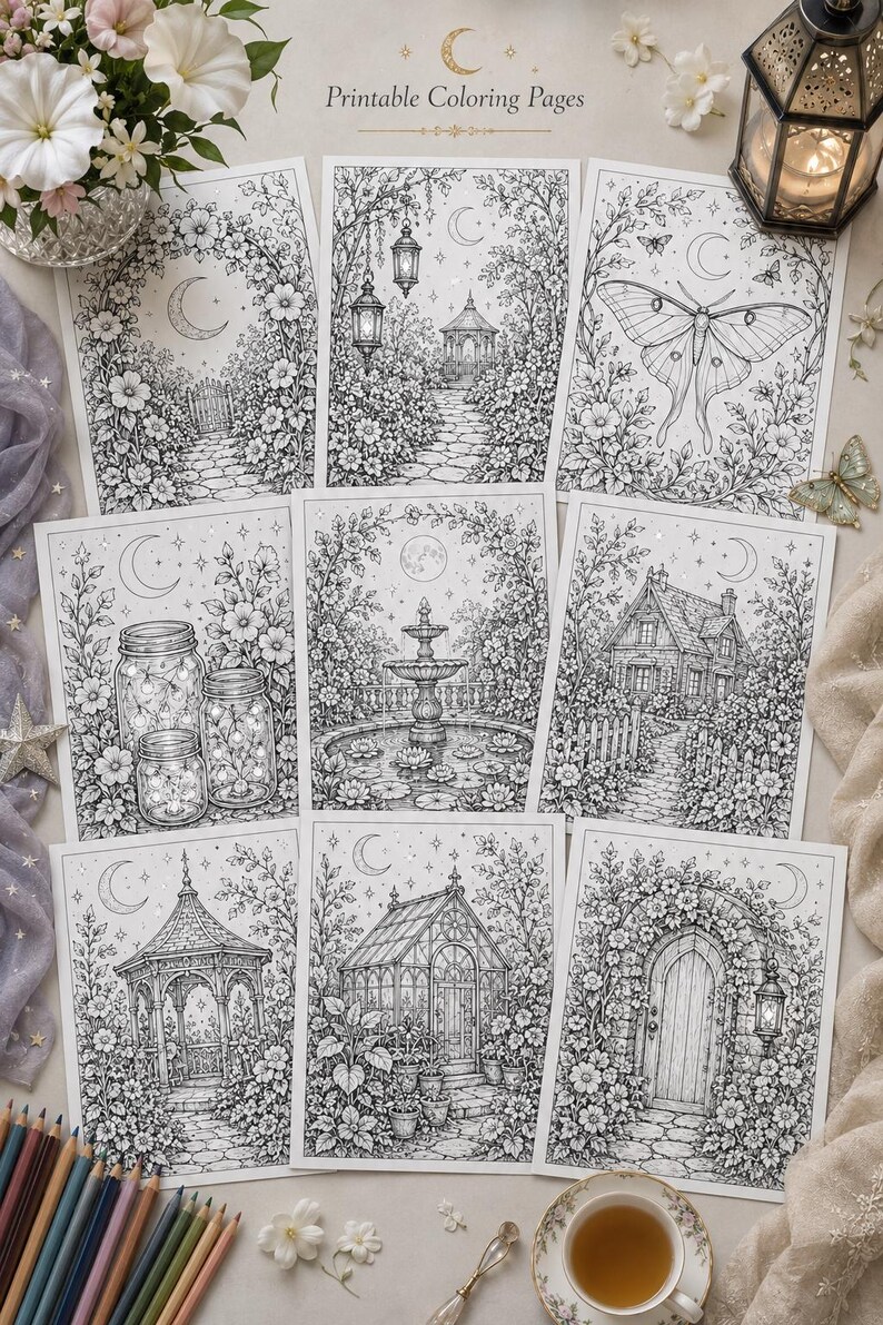May include: A collection of nine black and white printable coloring pages featuring intricate line art illustrations of garden scenes, including a gazebo, a greenhouse, a fountain, a cottage, mason jars, and a large moth, all under a crescent moon.