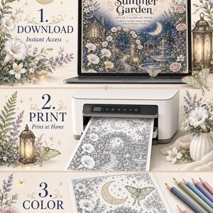 May include: A digital coloring book titled Moonlit Summer Garden displayed on a laptop, a printer outputting a black and white line art page, and a printed page with colored pencils. The design features a moon, moths, flowers, and a garden.
