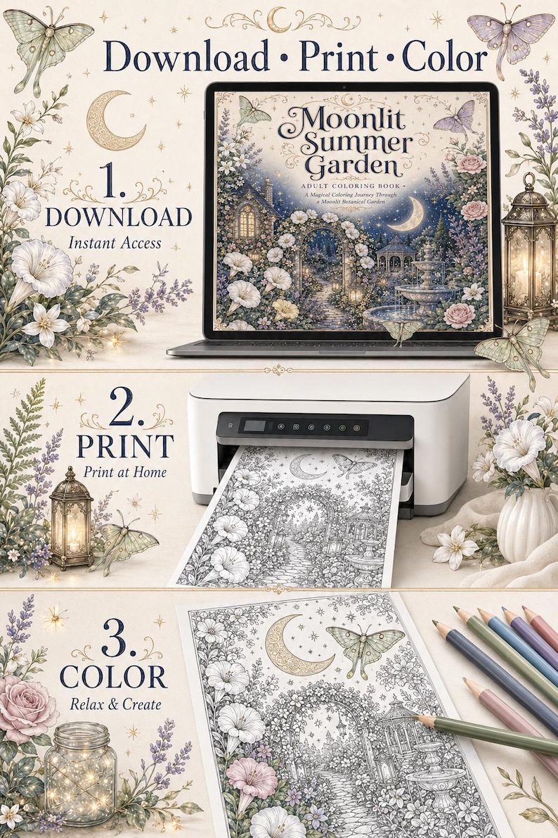 May include: A digital coloring book titled Moonlit Summer Garden displayed on a laptop, a printer outputting a black and white line art page, and a printed page with colored pencils. The design features a moon, moths, flowers, and a garden.